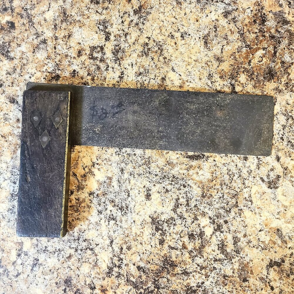 Antique Rosewood Try Square, 9" Long With Brass Inlay Carpenters Tool, 1850-70